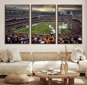 87578930-MGV-FC-60X30-3P_Walnut-Soldier Field Wall Art – Chicago Bears Football Stadium Sunset Canvas Print, Game Day Sports Decor for Man Cave, Bar, Office, or