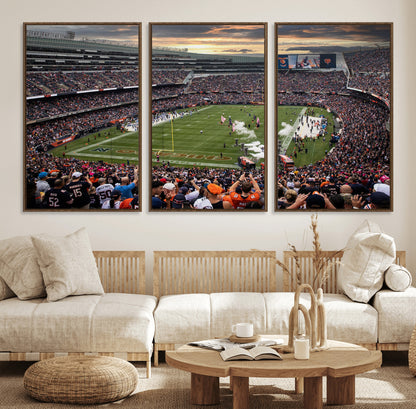 87578930-MGV-FC-60X30-3P_Walnut-Soldier Field Wall Art – Chicago Bears Football Stadium Sunset Canvas Print, Game Day Sports Decor for Man Cave, Bar, Office, or