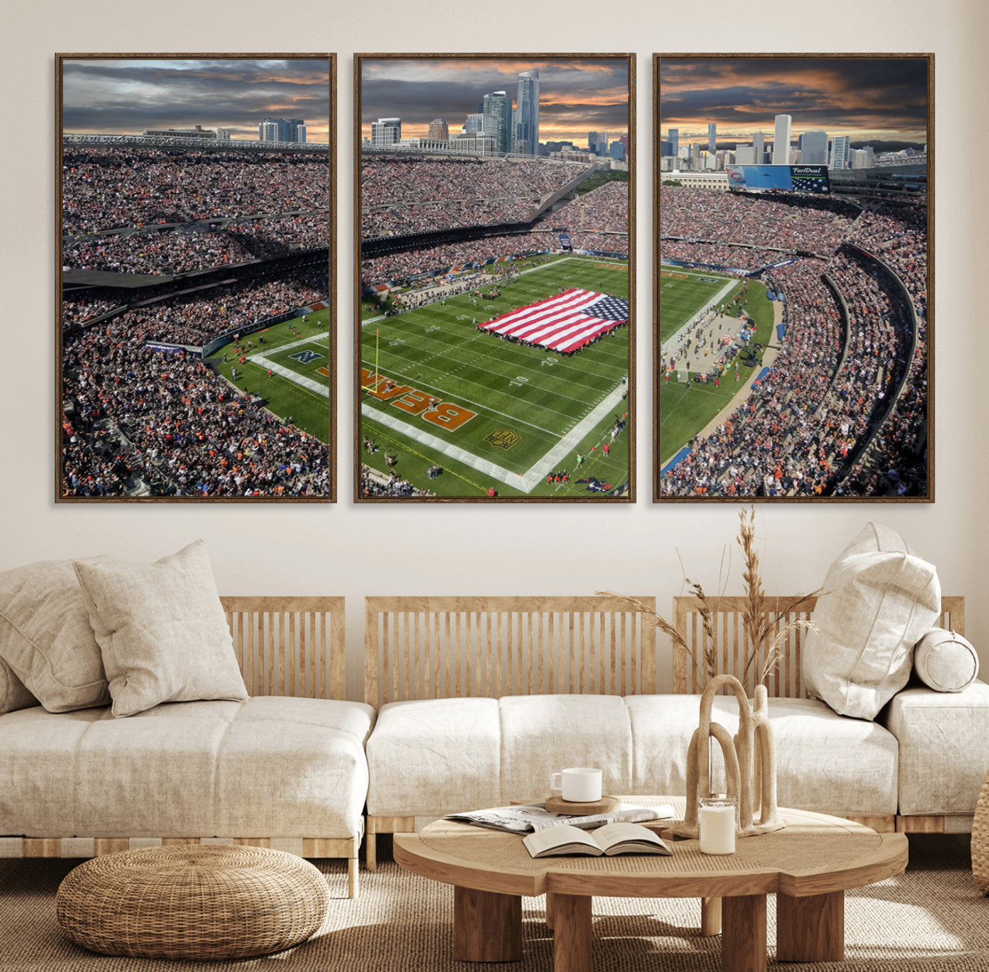 98106777-MGV-FC-60X30-3P_Walnut-Soldier Field Wall Art – Chicago Bears Stadium Canvas Print with American Flag, Game Day Football Decor for Man Cave, Bar, or