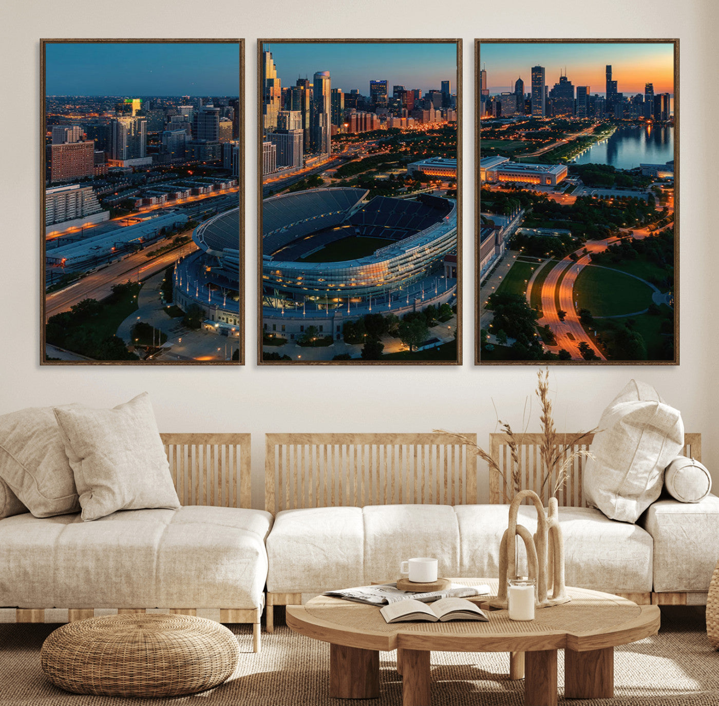 36690345-MGV-FC-60X30-3P_Walnut-Soldier Field Wall Art – Chicago Bears Stadium Aerial Night Canvas Print, City Skyline Football Decor for Living Room, Office, or