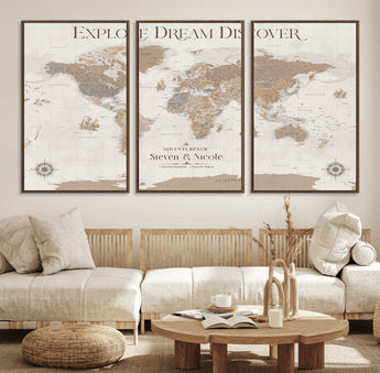 63516865-MGV-FC-60X30-3P_Walnut-Explore Dream Discover World Map Wall Art – Inspirational Travel Adventure Canvas Print, Neutral Parchment Style Explorer Decor