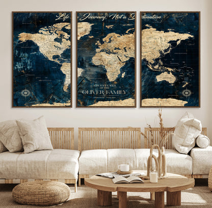 36970886-MGV-FC-60X30-3P_Walnut-Life is a Journey Not a Destination World Map Rustic Navy Beige Vintage Travel Wall Art Adventure Quote Canvas Print for Home
