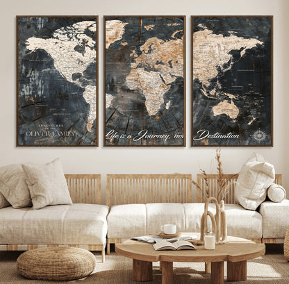 37848568-MGV-FC-60X30-3P_Walnut-Life is a Journey Not a Destination World Map Rustic Wood Texture Vintage Beige Navy Adventure Wall Art Canvas Print for Home