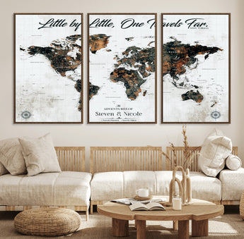 88337180-MGV-FC-60X30-3P_Walnut-Little by Little One Travels Far Tolkien Quote World Map Rustic Black Brown Adventure Wall Art Canvas Print for Home Office Living