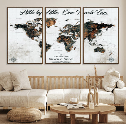 88337180-MGV-FC-60X30-3P_Walnut-Little by Little One Travels Far Tolkien Quote World Map Rustic Black Brown Adventure Wall Art Canvas Print for Home Office Living