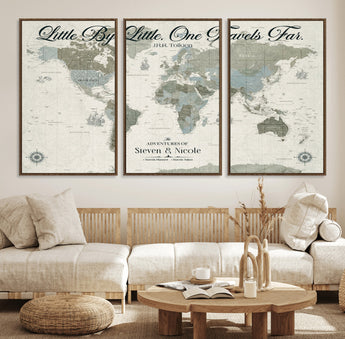 10693204-MGV-FC-60X30-3P_Walnut-Little By Little One Travels Far Tolkien Quote Blue Green World Map Adventure Wall Art Canvas Print Rustic Wanderlust Travel Decor