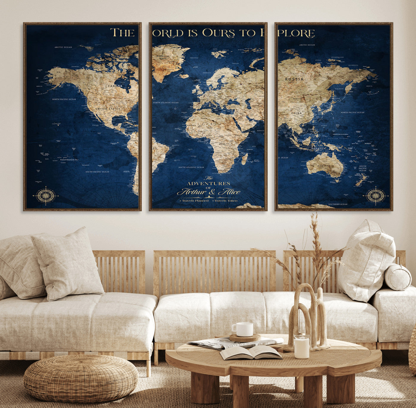 54782997-MGV-FC-60X30-3P_Walnut-The World is Ours to Explore Wall Art – Blue World Map Canvas Print, Adventure Travel Decor for Home, Office or Living Room,