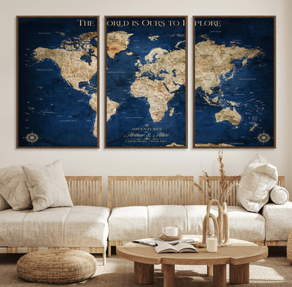 54782997-MGV-FC-60X30-3P_Walnut-The World is Ours to Explore Wall Art – Blue World Map Canvas Print, Adventure Travel Decor for Home, Office or Living Room,