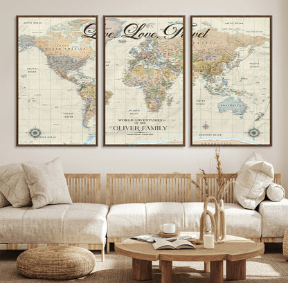 19479008-MGV-FC-60X30-3P_Walnut-Live Love Travel Wall Art – Detailed World Map Canvas Print, Adventure Decor for Living Room, Office or Bedroom, Travel Gift for