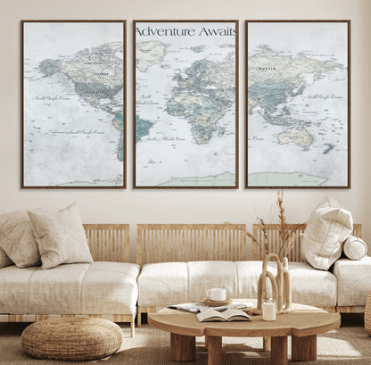 TEST111-MGV-FC-60X30-3P_Walnut-Personalized Adventure Awaits Push Pin World Map – Custom Framed Travel Tracker Canvas Wall Art for Home, Office