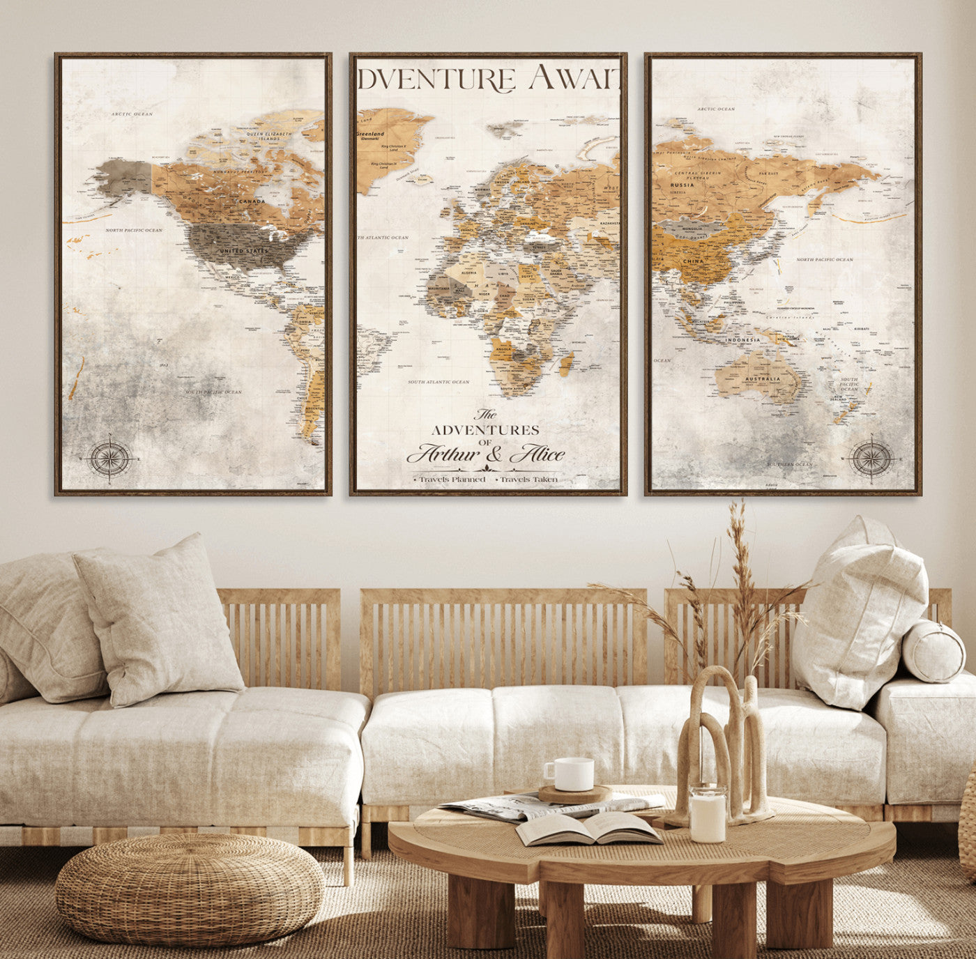 99422096-MGV-FC-60X30-3P_Walnut-Adventure Awaits World Map Wall Art – Neutral Beige Canvas Print, Modern Travel Inspired Wall Decor for Living Room, Bedroom or