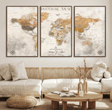 99422096-MGV-FC-60X30-3P_Walnut-Adventure Awaits World Map Wall Art – Neutral Beige Canvas Print, Modern Travel Inspired Wall Decor for Living Room, Bedroom or