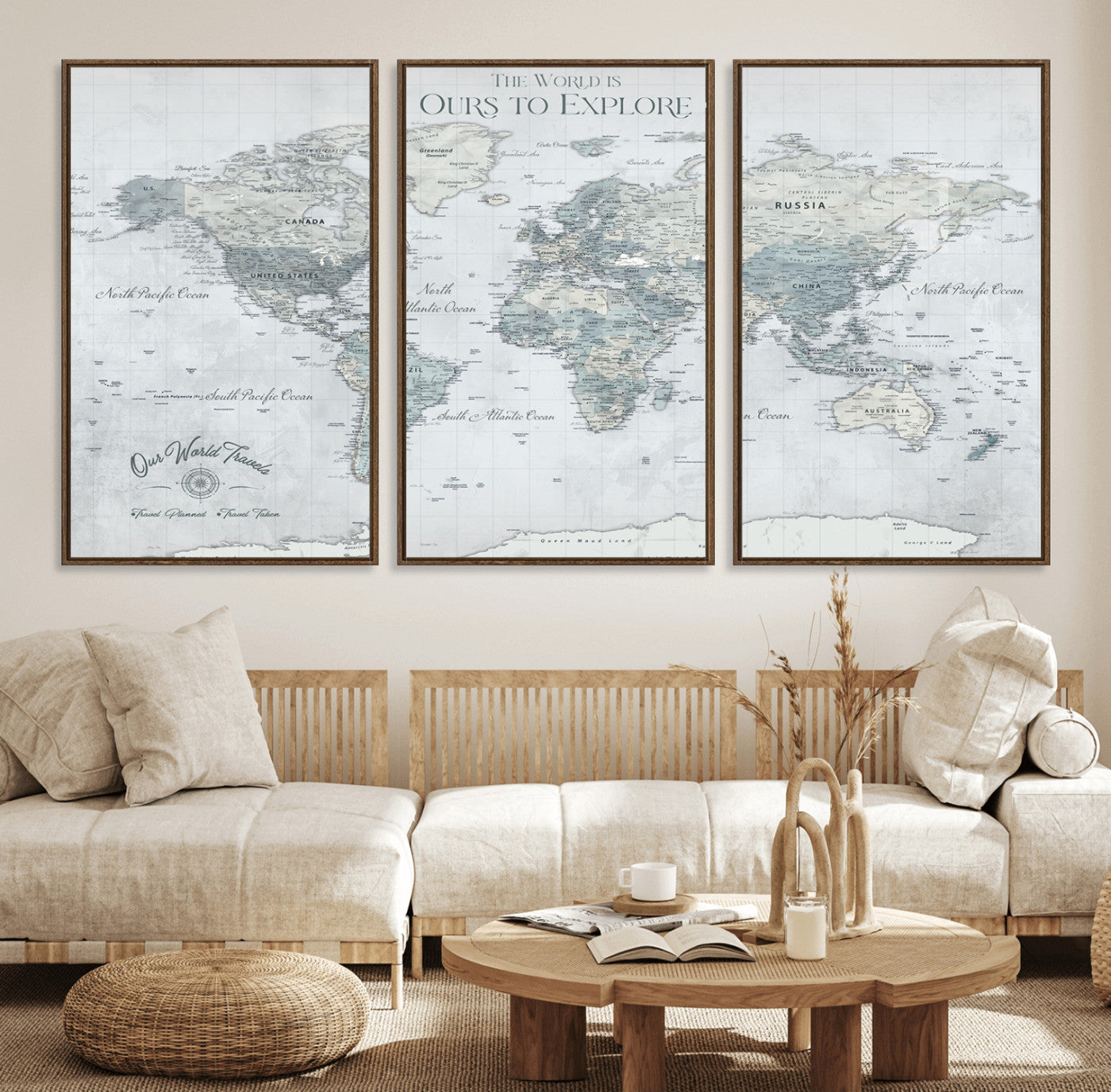 94249974-MGV-FC-60X30-3P_Walnut-Ours Explore World Map Wall Art – Modern Travel Canvas Print, Neutral Adventure Decor for Living Room, Office, Study, Bedroom,
