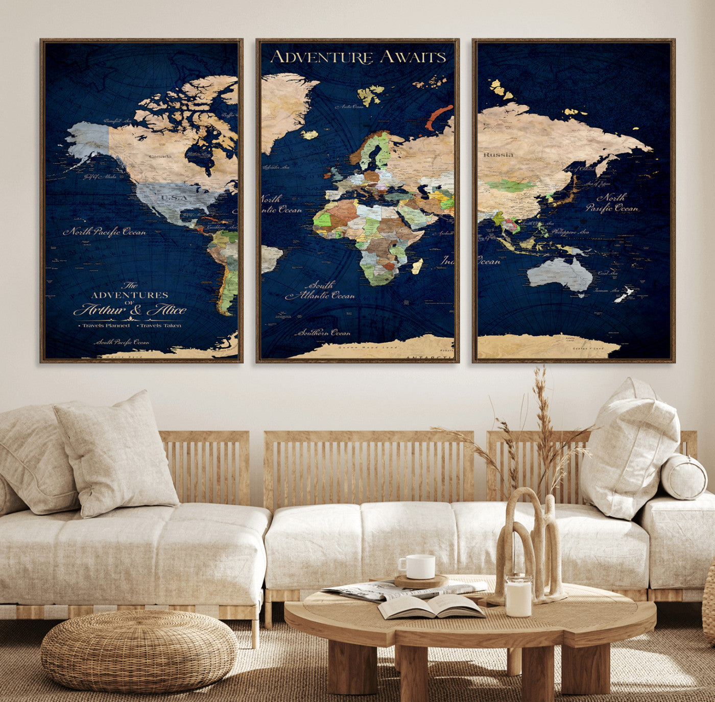 43160428-MGV-FC-60X30-3P_Walnut-Adventure Awaits Navy Blue World Map – Vibrant Travel Canvas Wall Art, Antique Atlas Print, Wanderlust Decor for Home Office