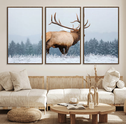 85177251-MGV-FC-60X30-3P_Walnut-Elk Wall Art – Majestic Wildlife Canvas Print of Bull Elk Snowy Forest, Rustic Nature Decor for Living Room, Cabin, or Office