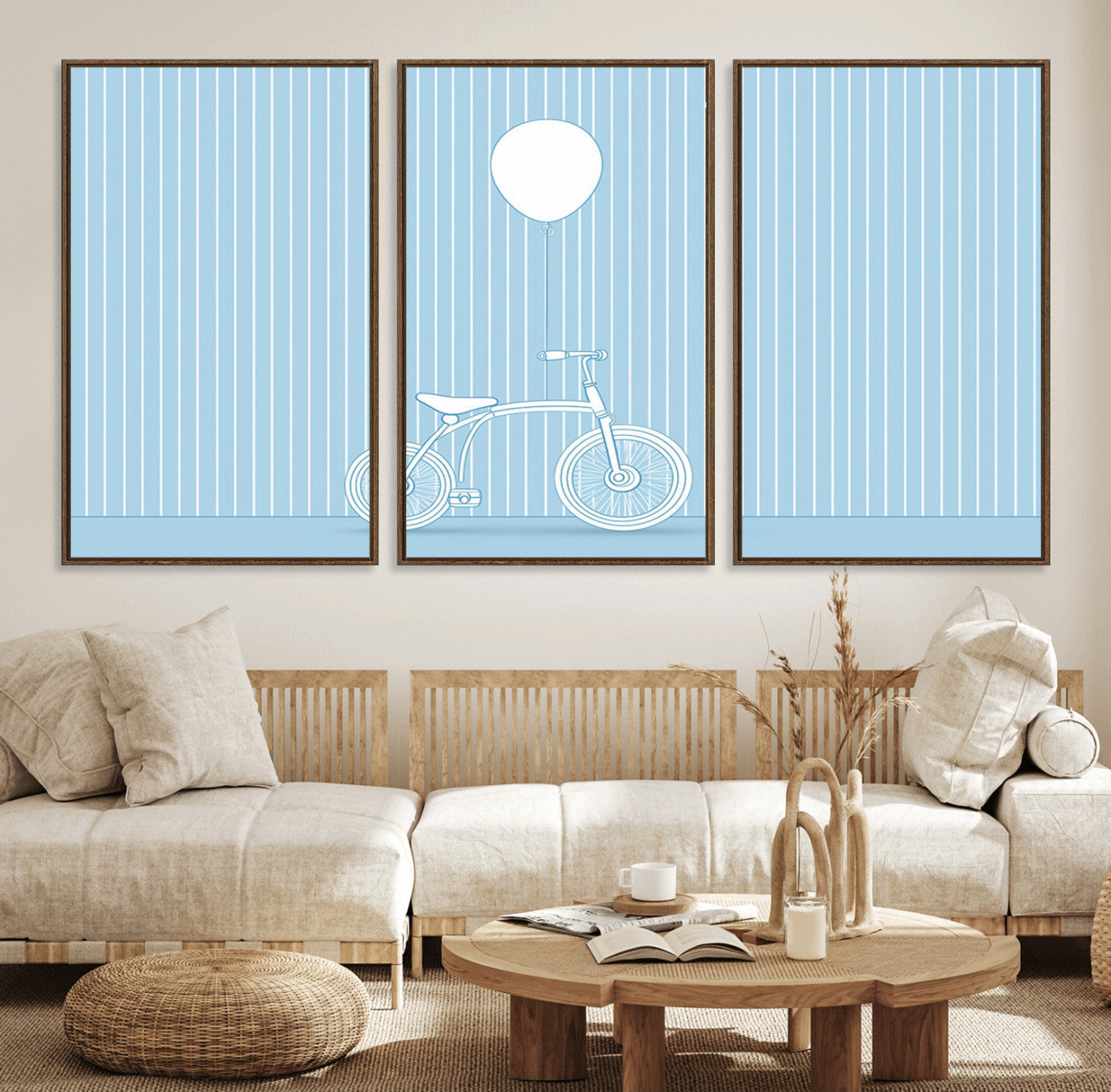 56479838-MGV-FC-60X30-3P_Walnut-Bicycle Wall Art – Minimalist Blue Canvas Print with Balloon Illustration, Modern Decor Artwork for Kids Room, Nursery, or Living