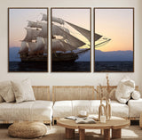 31270610-MGV-FC-60X30-3P_Walnut-Sailing Ship Wall Art – Sunset Seascape Canvas Print with Tall Ship at Sea, Nautical Ocean Decor for Living Room, Office, or