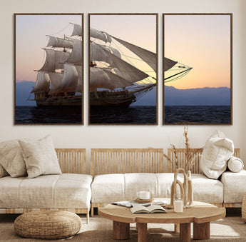 31270610-MGV-FC-60X30-3P_Walnut-Sailing Ship Wall Art – Sunset Seascape Canvas Print with Tall Ship at Sea, Nautical Ocean Decor for Living Room, Office, or