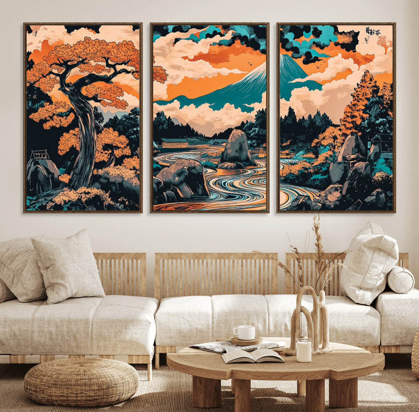 21638941-MGV-FC-60X30-3P_Walnut-Japanese Landscape Wall Art – Mount Fuji and Flowing River Ukiyo-e Style Canvas Print, Traditional Japan Inspired Artwork for