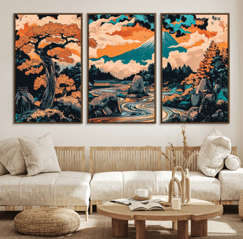 21638941-MGV-FC-60X30-3P_Walnut-Japanese Landscape Wall Art – Mount Fuji and Flowing River Ukiyo-e Style Canvas Print, Traditional Japan Inspired Artwork for