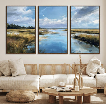 87082041-MGV-FC-60X30-3P_Walnut-Marshland Landscape Wall Art – Serene Nature Canvas Print with Blue Sky and Reflections, Tranquil Scenic Painting for Living Room,