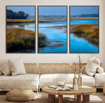 26300004-MGV-CV-36X24-Tranquil Marshland Canvas Wall Art – Blue Water, Reflective Sky, Golden Grasses, Calm Nature Landscape, Scenic Outdoor Beauty for