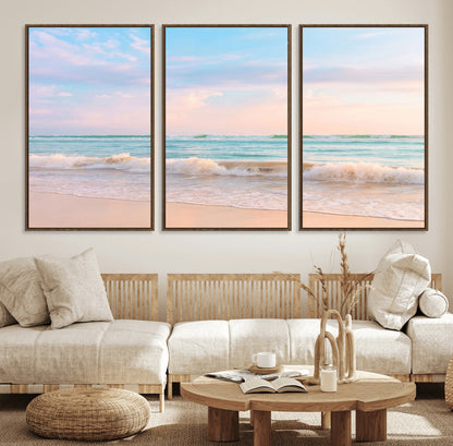 88024944-MGV-CV-36X24-Serene Ocean Waves Canvas Wall Art – Pastel Sky, Soft Sand Beach, Tranquil Seascape, Calm Water Coastal Nature, Relaxing Peaceful