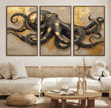 57944271-MGV-FC-60X30-3P_Walnut-Octopus Wall Art – Black and Gold Nautical Canvas Print, Modern Ocean Inspired Artwork with Elegant Detailing, Coastal Marine