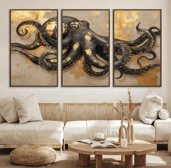 57944271-MGV-FC-60X30-3P_Walnut-Octopus Wall Art – Black and Gold Nautical Canvas Print, Modern Ocean Inspired Artwork with Elegant Detailing, Coastal Marine