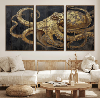 47056538-MGV-CV-36X24-Octopus Canvas Wall Art – Gold Detail, Wooden Texture, Marine Life, Ocean Creature Tentacles, Nautical Coastal Rustic Decor for