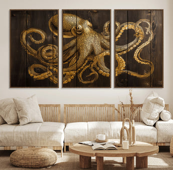 56769669-MGV-FC-60X30-3P_Walnut-Octopus Wall Art – Gold Nautical Canvas Print with Rustic Wood Panel Design, Detailed Marine Artwork for Coastal Ocean Decoration