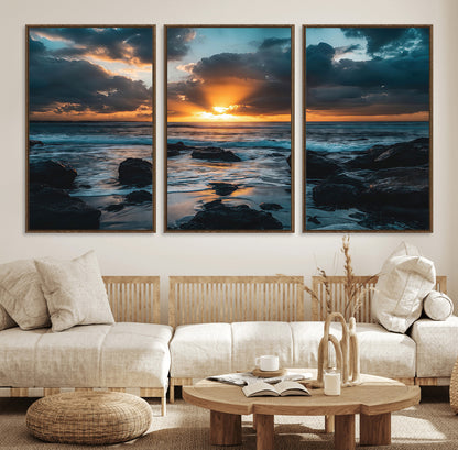 66040852-MGV-CV-36X24-Ocean Sunset Canvas Wall Art – Rocky Shore Waves, Dramatic Clouds, Golden Sun Rays, Coastal Nature, Serene Water Reflection for