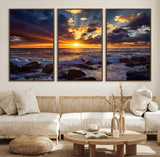 35900590-MGV-FC-60X30-3P_Walnut-Ocean Sunset Wall Art – Vivid Seascape Canvas Print with Sunburst Sky, Crashing Waves and Rocky Shore, Dramatic Coastal