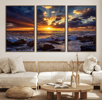 35900590-MGV-FC-60X30-3P_Walnut-Ocean Sunset Wall Art – Vivid Seascape Canvas Print with Sunburst Sky, Crashing Waves and Rocky Shore, Dramatic Coastal