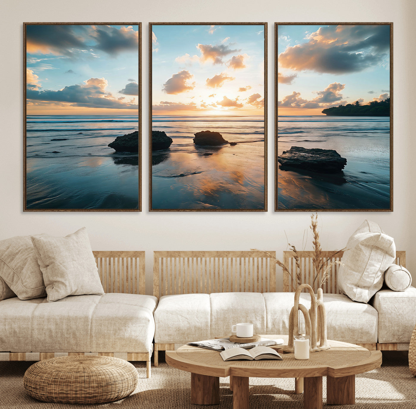23879436-MGV-FC-60X30-3P_Walnut-Ocean Sunset Wall Art – Serene Seascape Canvas Print with Golden Sky, Reflections on Sand and Calm Waves, Peaceful Coastal