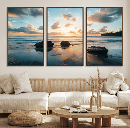 23879436-MGV-FC-60X30-3P_Walnut-Ocean Sunset Wall Art – Serene Seascape Canvas Print with Golden Sky, Reflections on Sand and Calm Waves, Peaceful Coastal