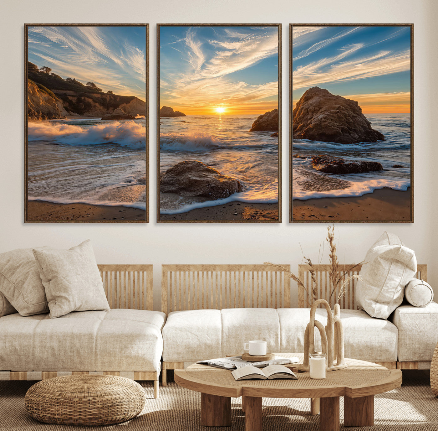85659923-MGV-CV-36X24-Rocky Ocean Sunset Canvas Wall Art – Seaside Dramatic Seascape Print, Coastal Modern Decor, Ocean Sunset Art for Living Room or