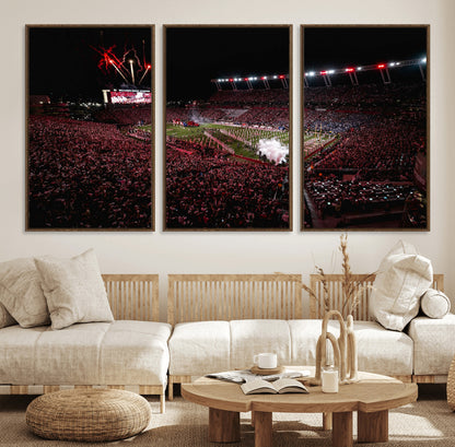 60690191-MGV-FC-60X30-3P_Walnut-Stadium Wall Art – Night Game Football Canvas Print with Fireworks, Marching Band and Crowd, Panoramic Sports Photography for Man