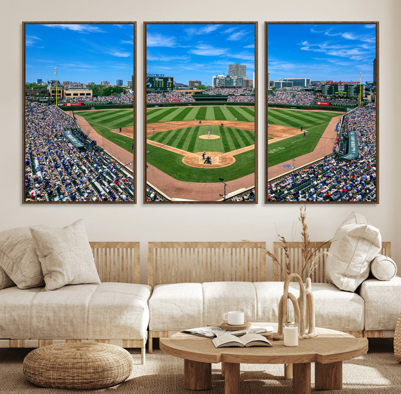 56213978-MGV-CV-36X24-Wrigley Field Baseball Stadium Canvas Wall Art – Packed Crowd Sports Stadium Print, City Skyline Baseball Field Canvas for Game