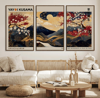 66892669-MGV-FC-60X30-3P_Walnut-Japanese Landscape Wall Art – Mount Fuji Canvas Print with Cherry Blossoms and Golden Waves, Traditional Asian Inspired Artwork