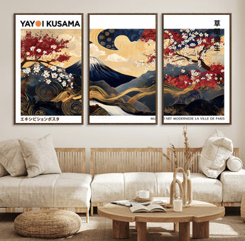 28945903-MGV-CV-36X24-Yayoi Kusama Inspired Japanese Art Canvas Print – Framed Floral & Mt. Fuji Wall Decor, Modern Asian Style Canvas for Home, Office,