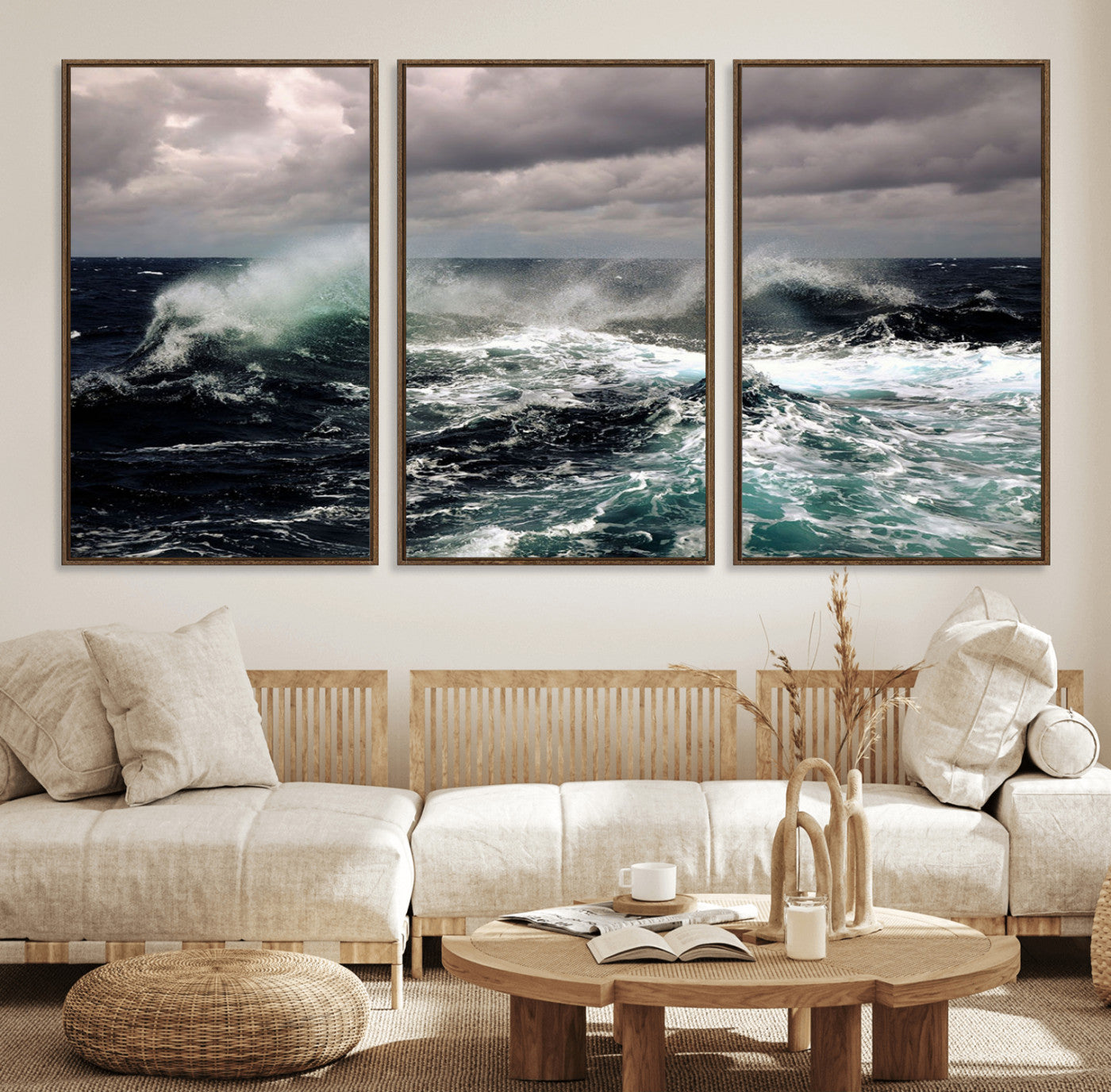 38622353-MGV-FC-60X30-3P_Walnut-Ocean Wave Wall Art – Dramatic Seascape Canvas Print with Stormy Sky and Crashing Sea, Bold Coastal Photography for Living Room,