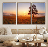 57919623-MGV-FC-60X30-3P_Walnut-Sunrise Landscape Wall Art – Golden Morning Canvas Print with Tree, Misty Hills and Open Field, Peaceful Nature Photography for