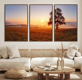 57919623-MGV-FC-60X30-3P_Walnut-Sunrise Landscape Wall Art – Golden Morning Canvas Print with Tree, Misty Hills and Open Field, Peaceful Nature Photography for