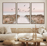 34632598-MGV-CV-36X24-Coastal Pathway Canvas Wall Art – Framed Seaside Landscape, Large Beach and Birds Canvas Print for Home, Office, or Living Room