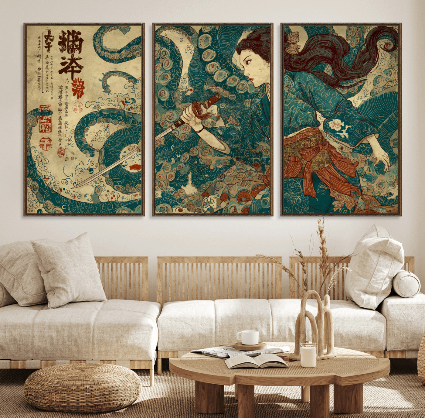 46837670-MGV-CV-36X24-Tsukioka Yoshitoshi Samurai Wall Art Print, Japanese Katana Warrior Canvas Wall Art, Octopus Sea Monster Canvas Print,