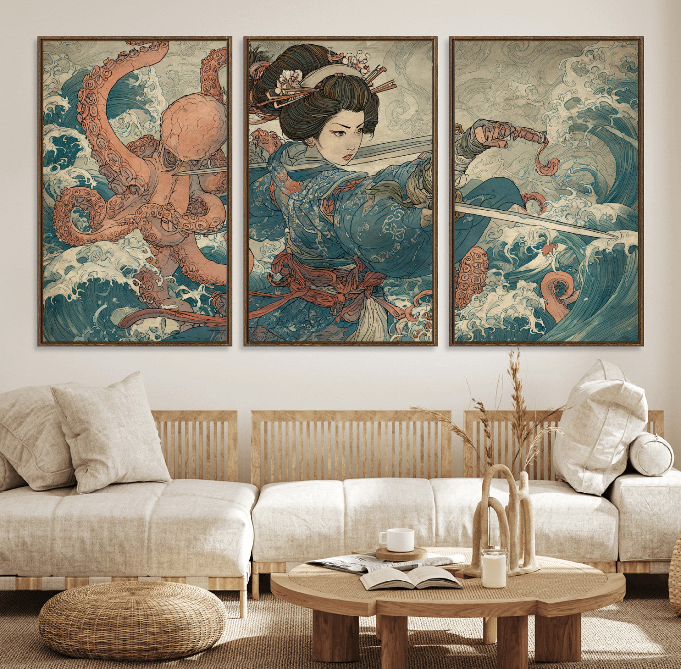52037775-MGV-FC-60X30-3P_Walnut-Samurai Woman Wall Art – Japanese Ukiyo e Style Canvas Print with Katana, Ocean Waves and Octopus, Traditional Asian Inspired