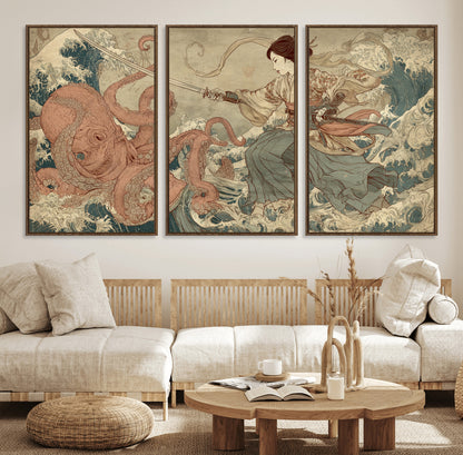 54879547-MGV-FC-60X30-3P_Walnut-Samurai Woman Wall Art – Japanese Ukiyo-e Style Canvas Print with Katana and Octopus, Traditional Asian Inspired Battle Artwork