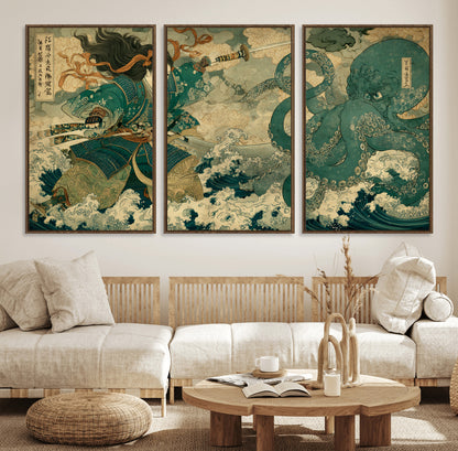 24416422-MGV-FC-60X30-3P_Walnut-Samurai vs Octopus Wall Art – Japanese Warrior Ocean Battle Canvas Print, Ukiyo e Inspired Decor for Home, Office, or Man Cave
