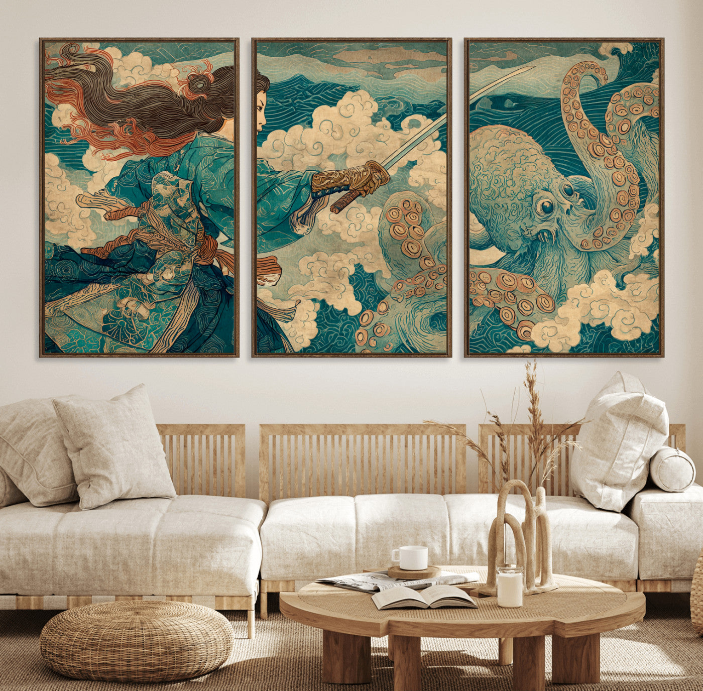 37943964-MGV-CV-36X24-Samurai Warrior vs Octopus Wall Art – Japanese Ukiyo-e Style Canvas Print, Ocean Battle Scene Artwork for Living Room, Office, Man